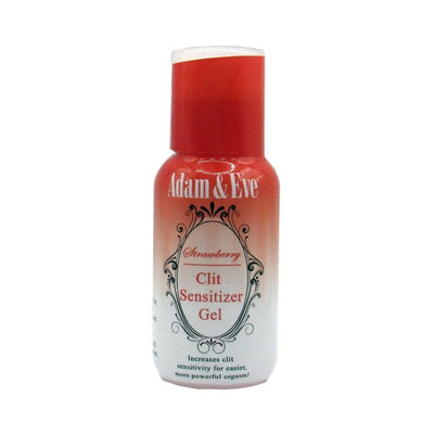 Bottle of Adam & Eve Strawberry Clit Sensitizer Gel with red and white gradient packaging and decorative label design.