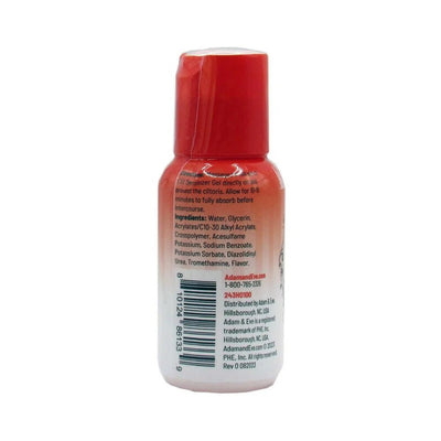 Back view of Adam & Eve Strawberry Clit Sensitizer 1 oz. bottle showing ingredients and usage instructions.