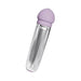 Silver and lavender handheld massager with textured grip and rounded head attachment.