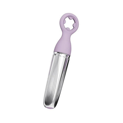 Silver and lavender massager with textured grip and circular attachment head from Adam & Eve Sweet Dreams Massager Kit