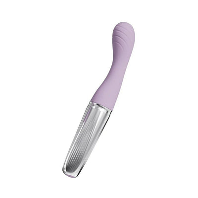 Silver and lavender ergonomic massager with textured grip and curved silicone tip for targeted stimulation