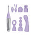 Adam & Eve Sweet Dreams Massager Kit with silver base vibrator and eight interchangeable lavender silicone attachments.