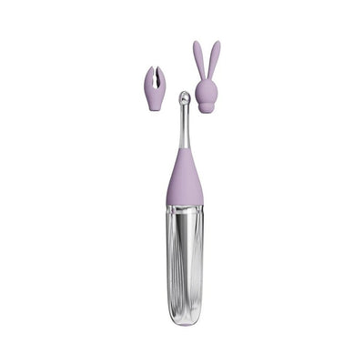 Silver and lavender massager with two interchangeable silicone attachments shaped like a claw and bunny ears.