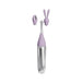 Silver and lavender massager with two interchangeable silicone attachments shaped like a claw and bunny ears.