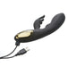 Black silicone Adam & Eve The Midnight Rabbit vibrator with gold accent and USB charging cable on white background.