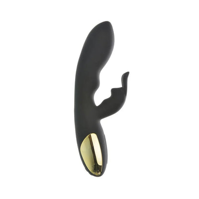 Black silicone rabbit vibrator with curved tip and gold accent handle against white background.