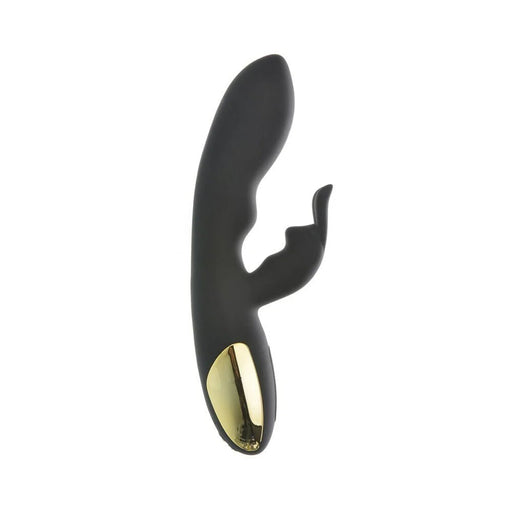 Black silicone rabbit vibrator with curved tip and gold accent handle against white background.