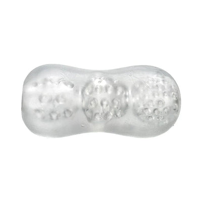 Transparent triple chamber textured ball drainer stroker with varied nubs for enhanced sensation.