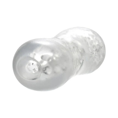 Transparent Adam & Eve Triple Chamber Ball Drainer stroker with textured interior and closed-end design on white background.