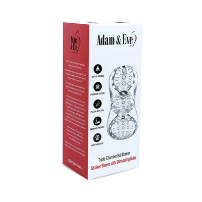 Adam & Eve Triple Chamber Ball Drainer packaging showing clear textured stroker sleeve with stimulating nubs and product features.