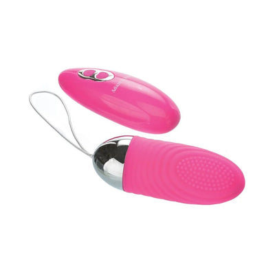 Pink rechargeable love bullet with textured silicone surface and matching remote control with buttons and wrist strap.
