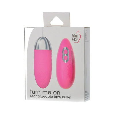 Packaging of Adam & Eve Turn Me On Rechargeable Love Bullet with pink textured bullet and matching remote control.