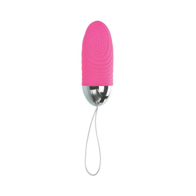Pink textured rechargeable love bullet with silver base and attached loop cord on white background