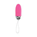 Pink textured rechargeable love bullet with silver base and attached loop cord on white background