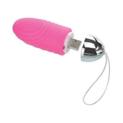 Pink textured rechargeable love bullet with USB connector and silver cap with wrist strap detached on white background