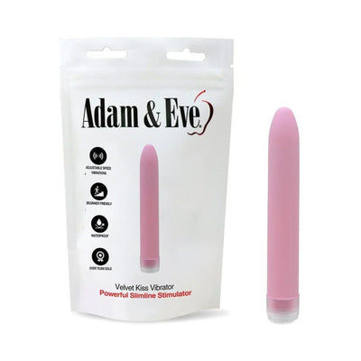 Pink slimline vibrator with twist dial control next to white resealable package labeled Adam & Eve Velvet Kiss Vibrator