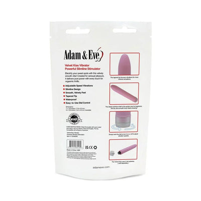 Back packaging of Adam & Eve Velvet Kiss Vibrator showing product features, images, and usage instructions.