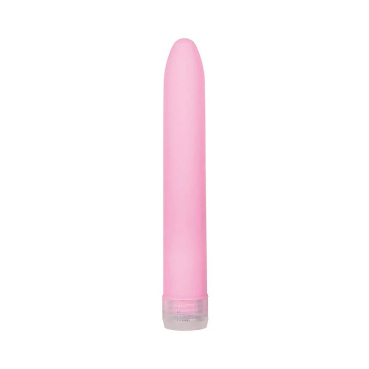 Slim pink vibrator with smooth surface and twist dial control on a white background.