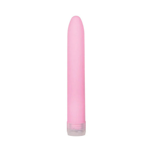 Slim pink vibrator with smooth surface and twist dial control on a white background.