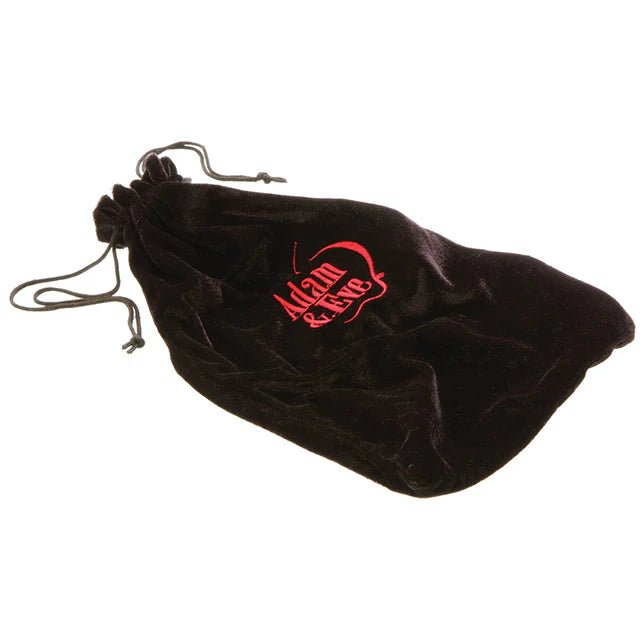 Black velvet drawstring storage bag with red Adam & Eve logo, designed for elegant and discreet organization.