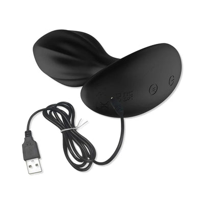 Black vibrating anal plug with textured shaft and USB charging cable on white background.