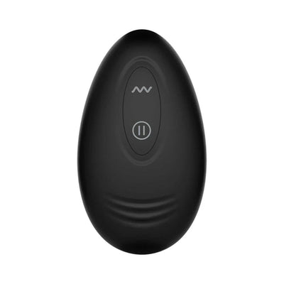 Black oval remote control with vibration and pause buttons for anal trainer set, smooth silicone finish.