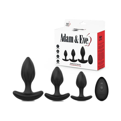 Adam & Eve Vibrating Anal Trainer Set with three graduated black silicone plugs and a wireless remote control next to the product box.
