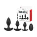 Adam & Eve Vibrating Anal Trainer Set with three graduated black silicone plugs and a wireless remote control next to the product box.
