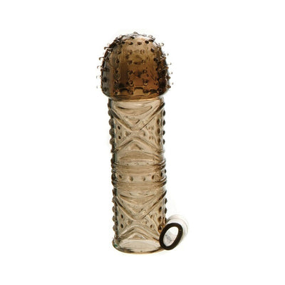Textured translucent brown vibrating penis sleeve with raised nodules and a small attached bullet vibrator ring.