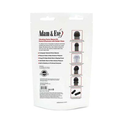 Back view of Adam & Eve Vibrating Penis Sleeve Kit packaging showing product features and textured sleeve illustrations.