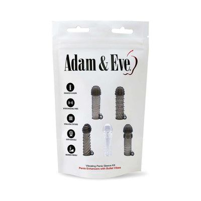 Adam & Eve Vibrating Penis Sleeve Kit packaging showing five textured sleeves and bullet vibe features.