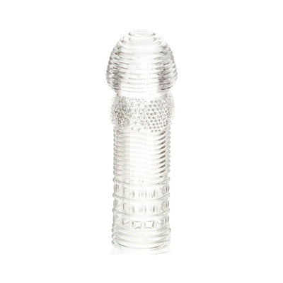Clear textured vibrating penis sleeve with ribbed and dotted patterns for enhanced sensation.