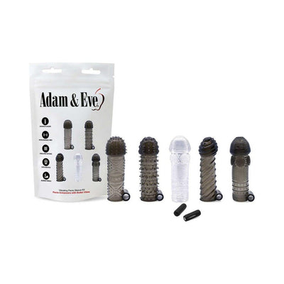 Adam & Eve Vibrating Penis Sleeve Kit with five textured sleeves and two bullet vibrators displayed next to the product packaging.