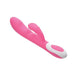 Pink dual-stimulation vibrator with ergonomic curved tip and white control panel with buttons.