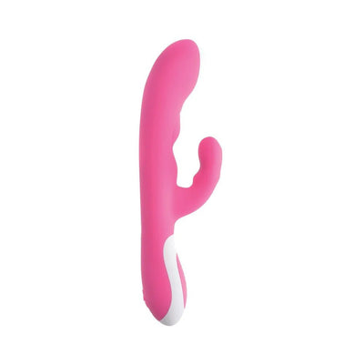 Pink dual-stimulation vibrator with curved G-spot tip and clitoral stimulator, featuring white control panel.