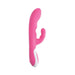 Pink dual-stimulation vibrator with curved G-spot tip and clitoral stimulator, featuring white control panel.