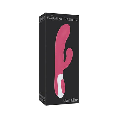 Packaging box for Adam & Eve Warming Rabbit G vibrator in pink with white control panel on black background.