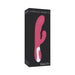 Packaging box for Adam & Eve Warming Rabbit G vibrator in pink with white control panel on black background.