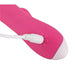 Close-up of pink and white rechargeable vibrator with charging cable plugged in.