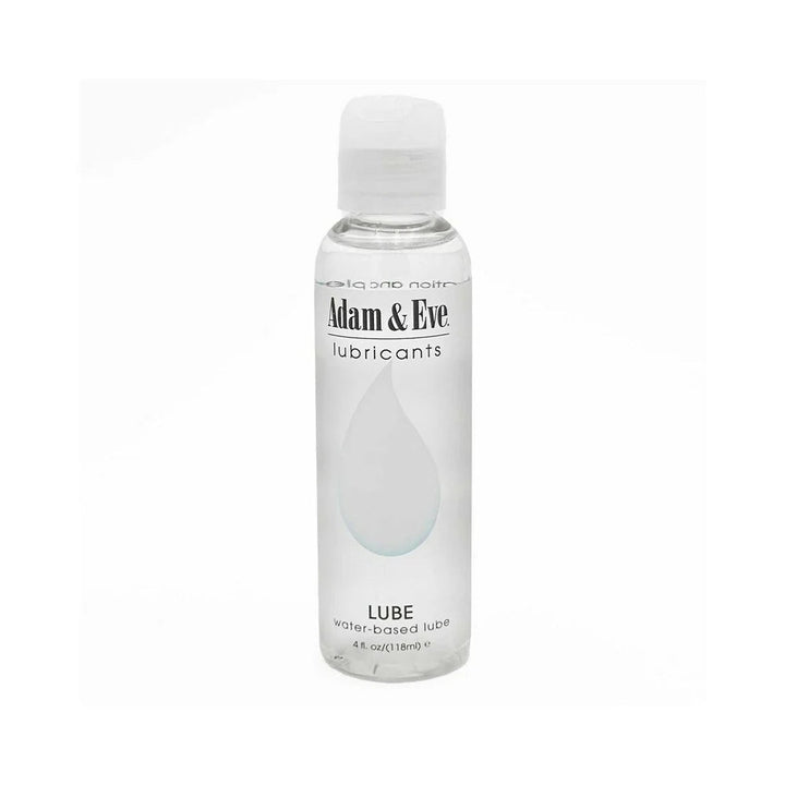 Clear 4 oz. bottle of Adam & Eve water-based lubricant with white flip-top cap and simple label design.