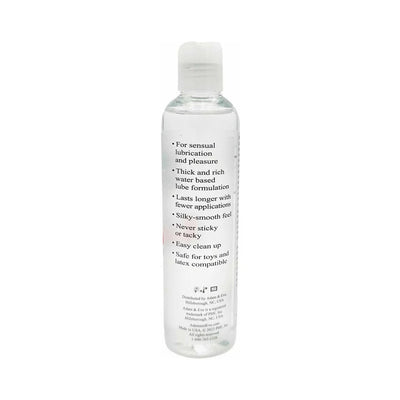 Clear 8 oz. bottle of Adam & Eve water-based lubricant with product benefits listed on the label.