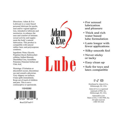 Adam & Eve Water-Based Lubricant label with usage directions, ingredients, benefits, and safety information.