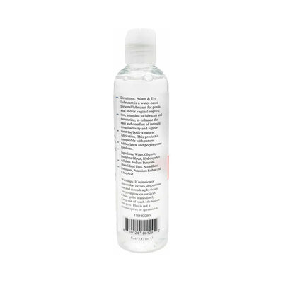 Clear 8 oz. bottle of Adam & Eve water-based lubricant showing detailed product label and ingredients.