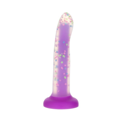 Purple glow-in-the-dark silicone toy with colorful confetti design and suction cup base.