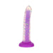 Purple glow-in-the-dark silicone toy with colorful confetti design and suction cup base.