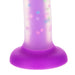 Close-up of the purple suction cup base of the Addiction Rave Party Marty Dong with a confetti pattern on the glow-in-the-dark shaft.
