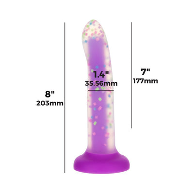 Purple glow-in-the-dark silicone toy with colorful confetti design and suction cup base, 8 inches long with 1.4-inch diameter.