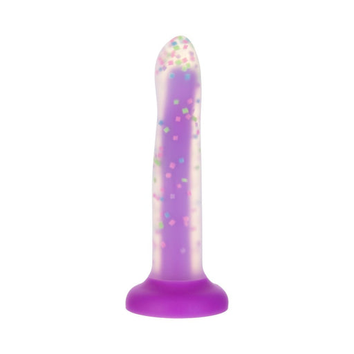 Purple glow-in-the-dark silicone toy with colorful confetti design and suction cup base.