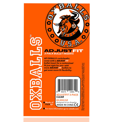 Orange Oxballs Adjustfit 3-pack clear bullet inserts packaging with bull logo and product details.