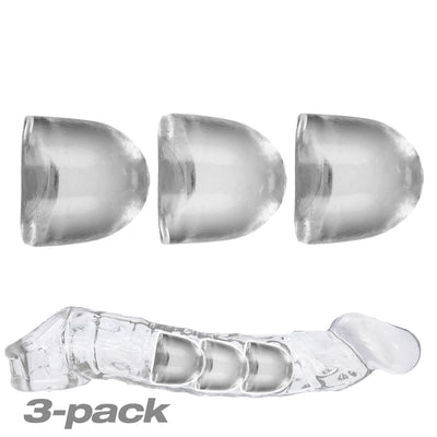 Three clear bullet-shaped inserts displayed above a transparent adjustable cocksheath, shown on a white background.